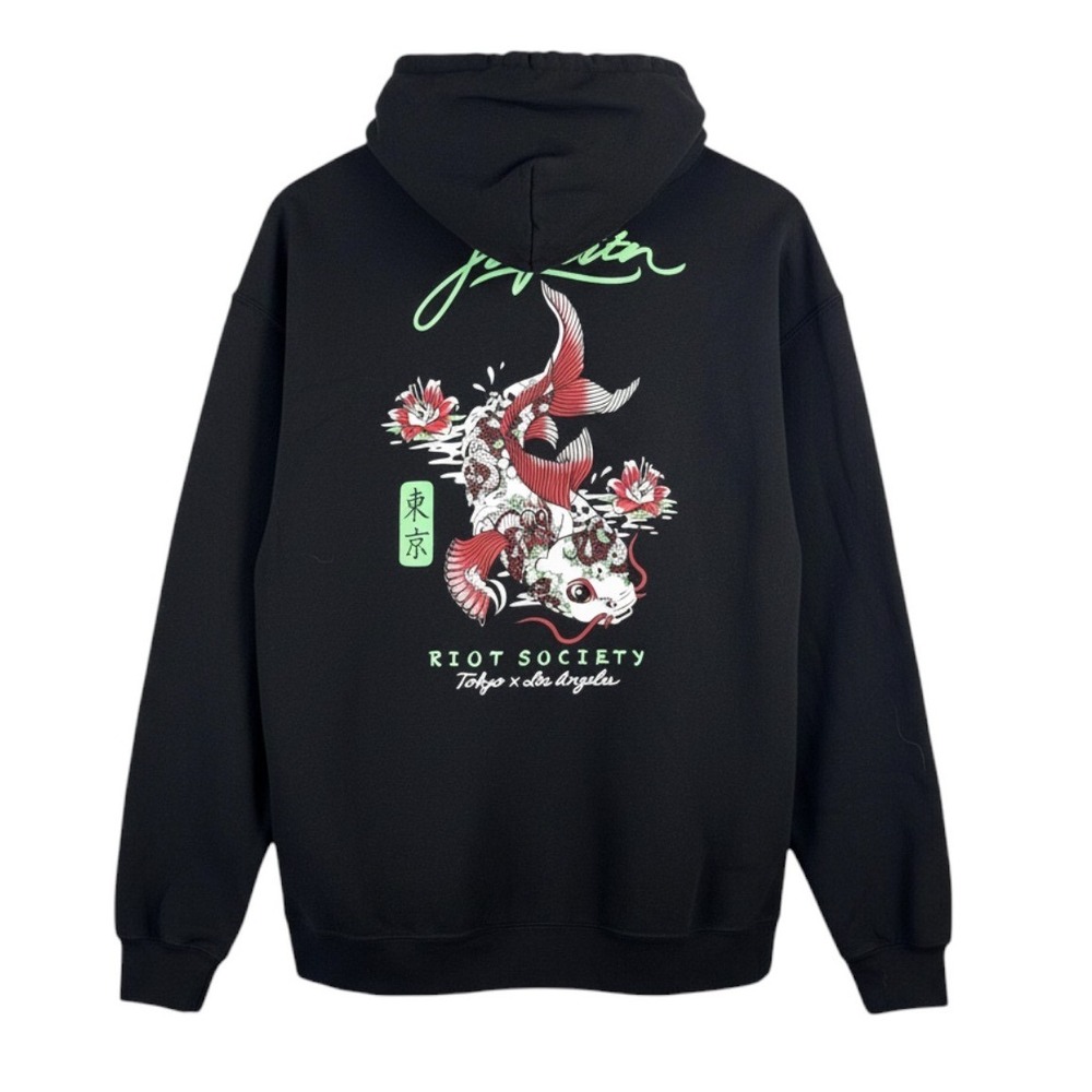 Riot Society Japan Koi Fish Hoodie Sweatshirt L Tokyo Los Angeles Black Anime